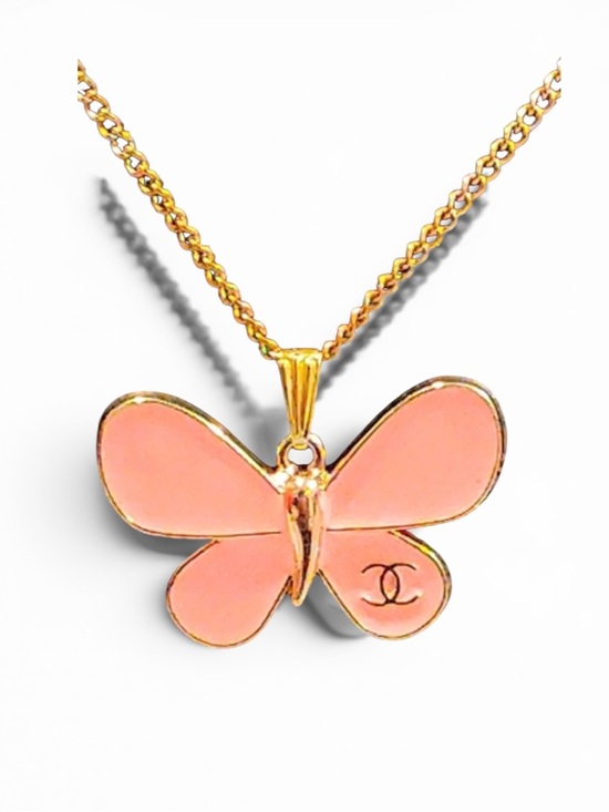 CHANEL Jewelry - CHANEL Gold-Tone Necklace with Pink Butterfly Enamel Pendant